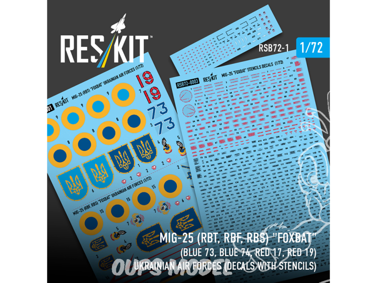 ResKit RSB72-0001MiG-25RBT RBF RBS Foxbat Bleu 73 Bleu 74 Rouge 17 Rouge 19 ukrainiennes Décalcomanies avec pochoirs 1/72