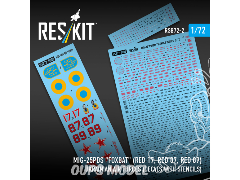 ResKit RSB72-0002 MiG-25PDS Foxbat Rouge 17, Rouge 87, Rouge 89 Forces aériennes ukrainiennes Décalcomanies avec pochoirs 1/72