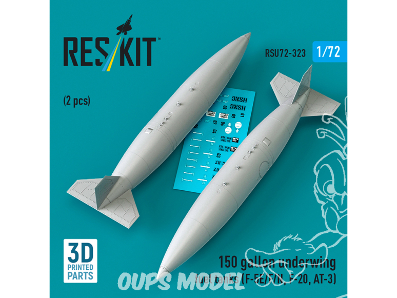 ResKit RSU72-0323 Réservoirs de carburant sous les ailes de 150 gallons pour F-5E/F/N, F-20, AT-3 1pièce imprimée en 3D 1/72