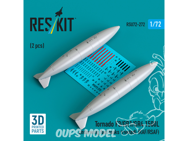 ResKit RSU72-0272 Réservoirs carburant sous les ailes de 1500 L Tornado F3/GR1/GR4, rivetés RAF/RSAF 2pièce imprimée en 3D 1/72
