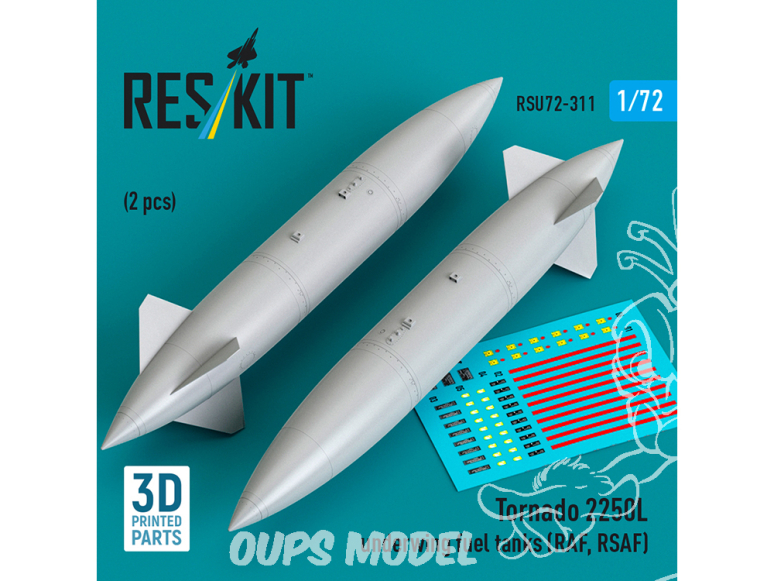 ResKit RSU72-0311 Réservoirs de carburant sous les ailes du Tornado 2250L RAF, RSAF 2pièce imprimée en 3D 1/72