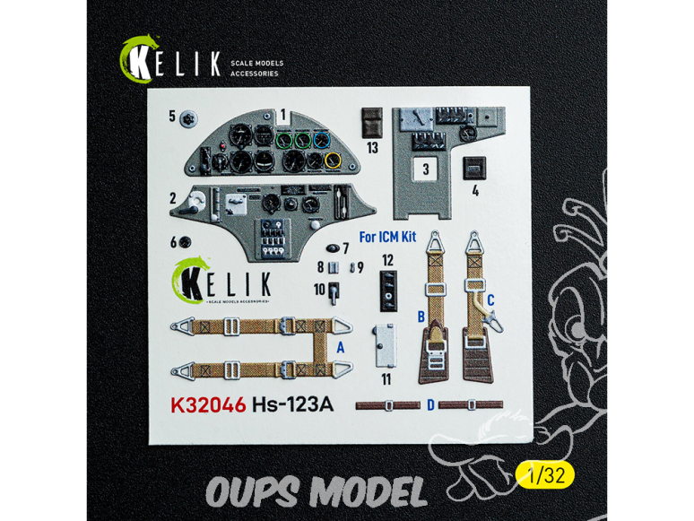 Kelik Decals 3D K32046 Hs-123A-1 décalcomanies 3D intérieures pour kit ICM 1/32