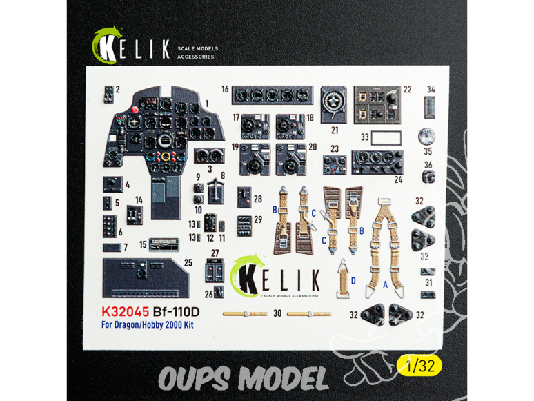 Kelik Decals 3D K32045 Bf-110D décalcomanies 3D intérieures pour maquette Dragon ou Hobby 2000 1/32