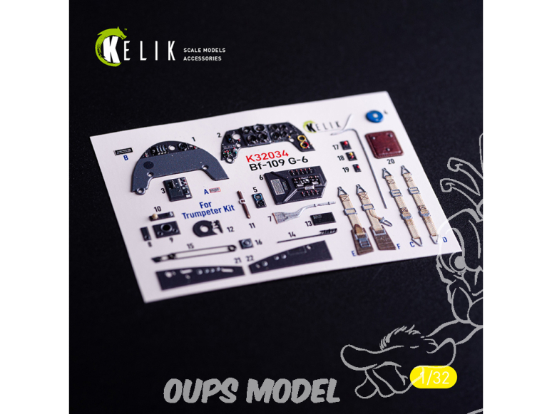 Kelik Decals 3D K32034 BF-109 G-6 décalcomanies 3D intérieures pour maquette Trumpeter 1/32