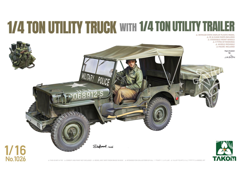 Takom maquette militaire 1026 Jeep 1/4 Ton Utility Truck avec remorque 1/4 Ton Utility trailer 1/16