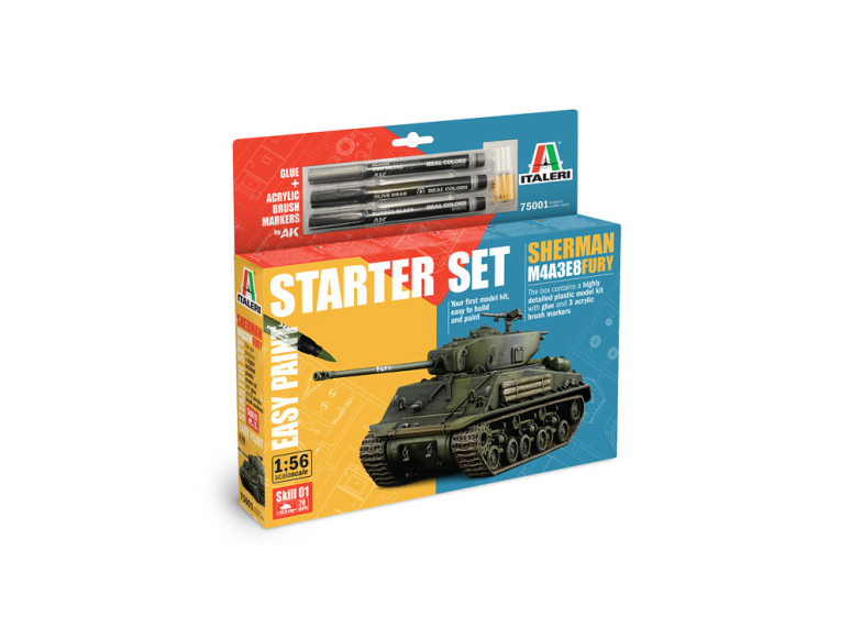 Italeri maquette militaire 75001 Starter Set Sherman M4A3E8 Fury marqueurs colle 1/56