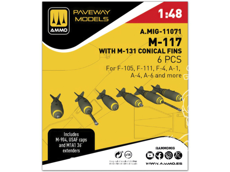 Ammo Mig Paveway Models A.MIG-11071 M-117 avec empennage conique M-131 x6 1/48