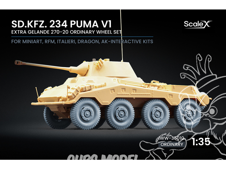 ScaleX accessoire militaire WW-35010 Sd.Kfz. 234 Puma v1 set de roues ordinaires Dragon / Mini art / RFM / Italeri / Ak 1/35