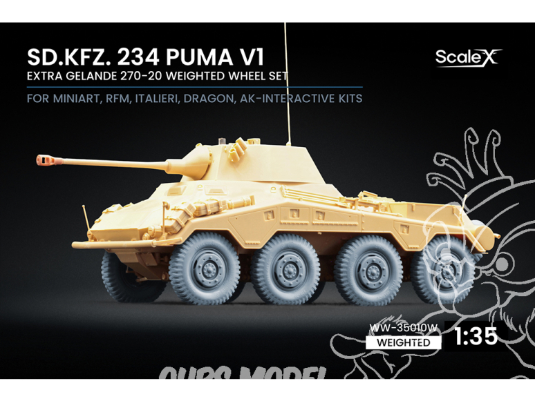 ScaleX accessoire militaire WW-35010W Sd.Kfz. 234 Puma v1 set de roues affaissées Dragon / Mini art / RFM / Italeri / Ak 1/35