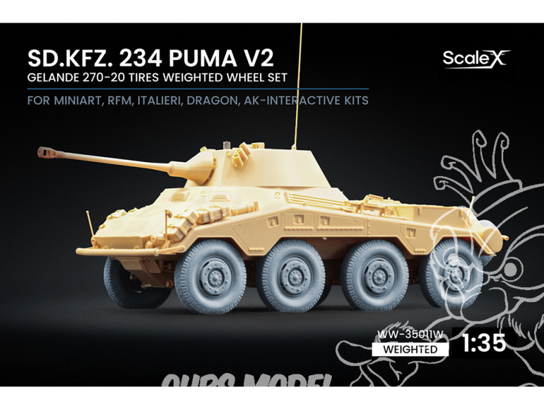 ScaleX accessoire militaire WW-35011W Sd.Kfz. 234 Puma v2 set de roues affaissées Dragon / Mini art / RFM / Italeri / Ak 1/35