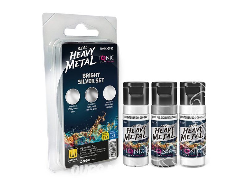 Ammo MIG IONIC peinture 0580 Heavy Metal Set Argent brillant - Bright Silver 3 x 20ml