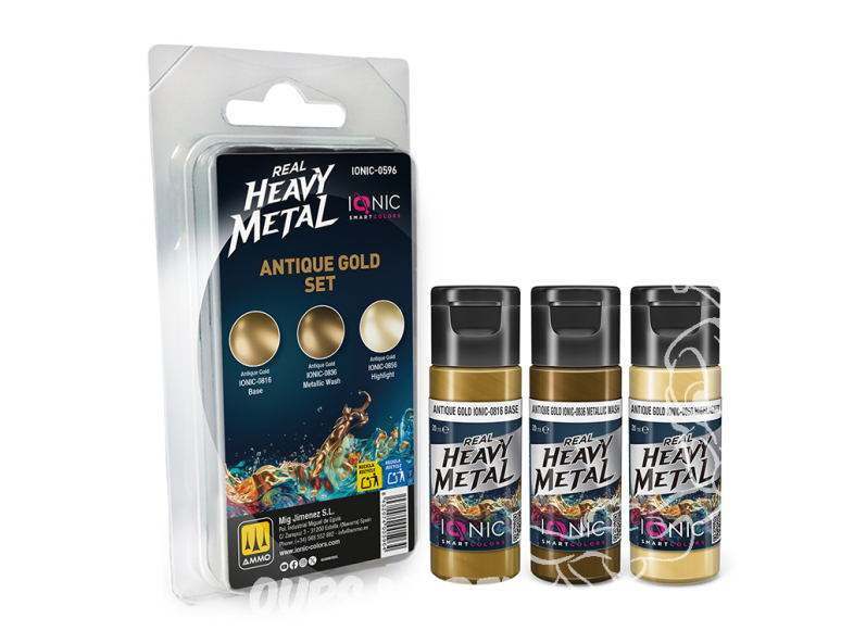 Ammo MIG IONIC peinture 0596 Heavy Metal Set Or antique - Antique Gold 3 x 20ml