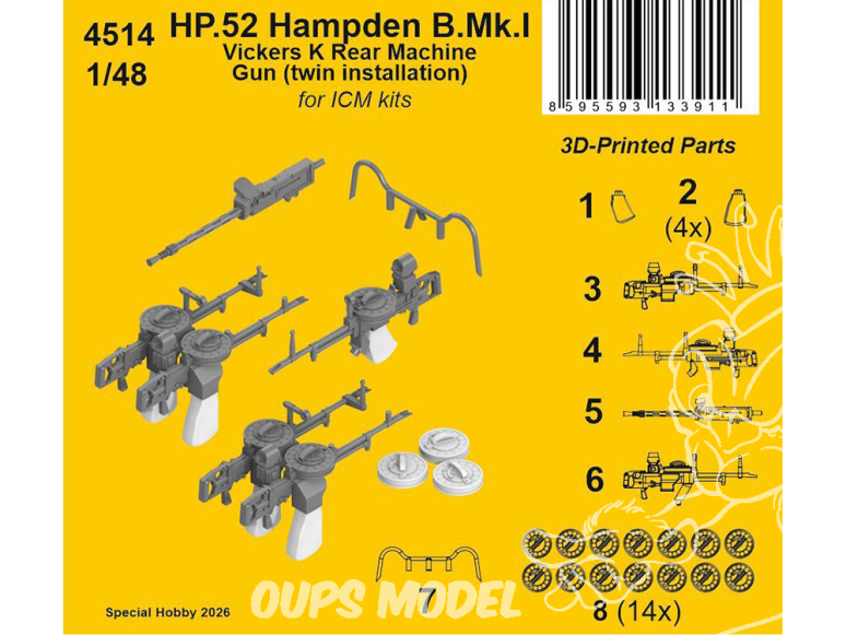 CMK kit resine 4514 HP.52 Hampden B.Mk.I Mitrailleuse arrière Vickers K (montage double) pour kits ICM 1/48