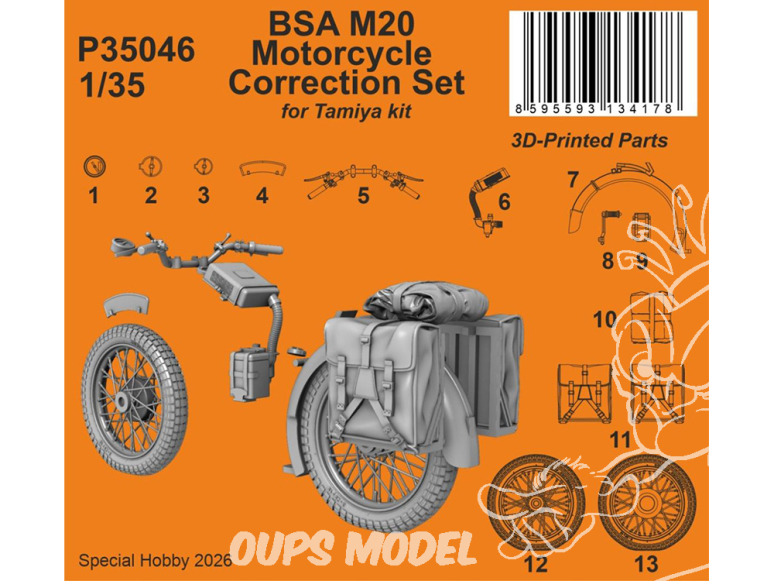 Special Hobby 3D Print militaire P35046 Kit de correction pour moto BSA M20 pour la maquette Tamiya 1/35