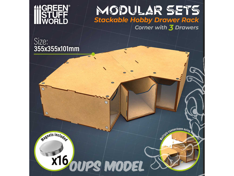 Green Stuff 6713 Module d’angle de rangement empilable avec 3 tiroirs