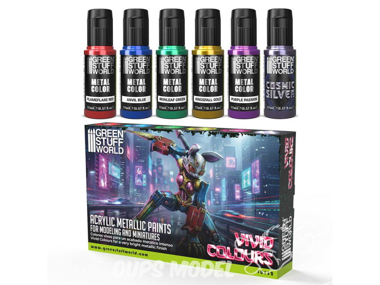 Green Stuff 10132 Set Peintures MetalliquesVivid Colors 6 pots 17ml