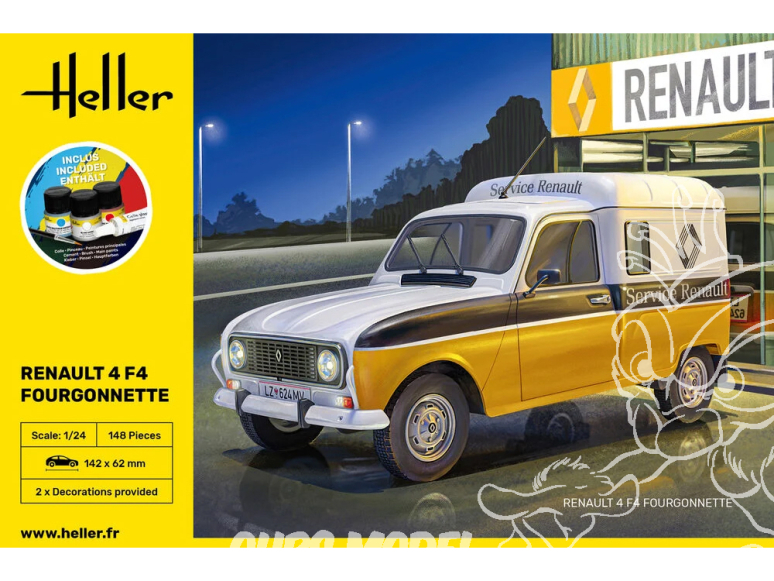 Heller maquette voiture 58700 STARTER KIT Renault 4 F4 Fourgonnette inclus peintures principale colle et pinceau 1/24