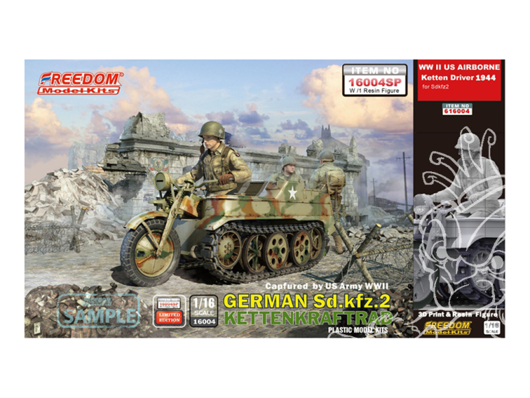 Freedom maquette militaire 16004SP Kettenkraftrad Typ HK 101 Sd.Kfz.2 catpuré par l'U.S. Army avec conducteur 1/16