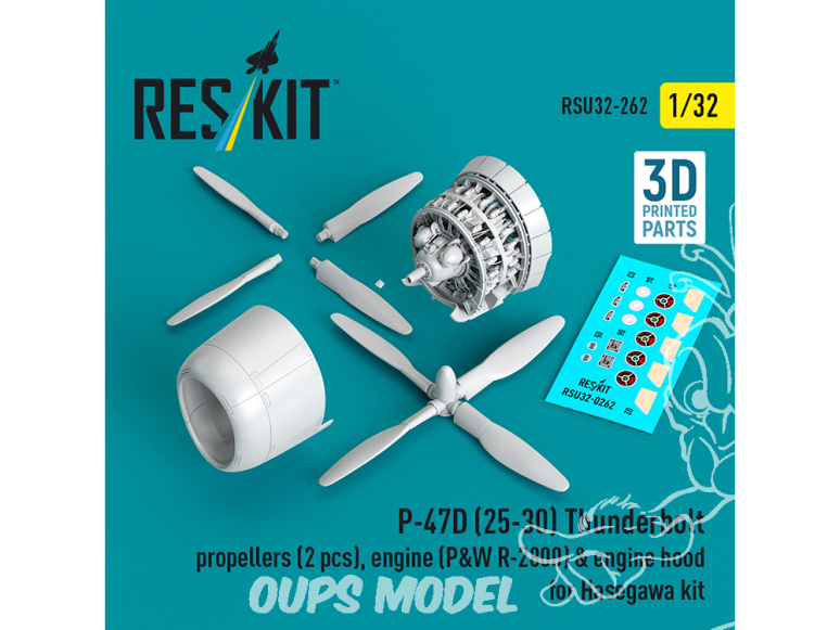 ResKit RSU32-0262 Hélices 2 pièces, moteur P&W R-2800 et capot moteur pour P-47D versions 25-30 Thunderbolt kit Hasegawa 1/32