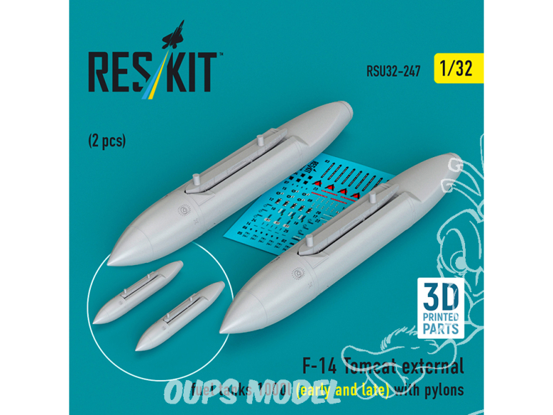 ResKit RSU32-0247 Réservoirs de carburant externes 1000 l F-14 Tomcat early and late avec pylônes Lot de 2 Impression 3D 1/32
