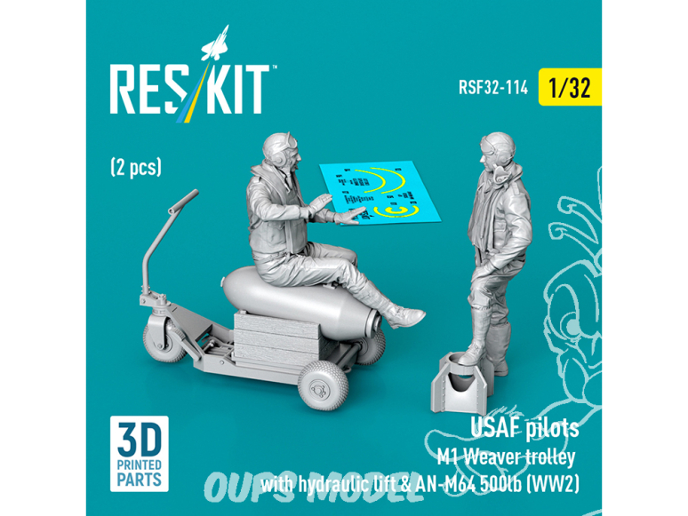 ResKit Figurine RSF32-0114 Pilotes de l'USAF 2 figurines chariot M1 Weaver élévateur hydraulique bombe AN-M64 de 500 livres 1/32