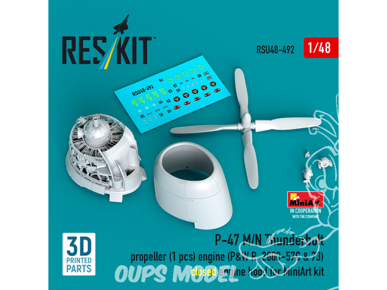 ResKit kit d'amelioration avion RSU48-0492 P-47 M/N Thunderbolt Hélice 3 p moteur P&W R-2800-57C & 73 capot mot kit MiniArt 1/48