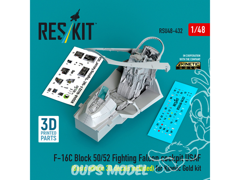 ResKit amelioration RSU48-0432 Cockpit F-16C Block 50/52 Fighting Falcon USAF édition base decalques 3D kit Kinetic Gold 1/48