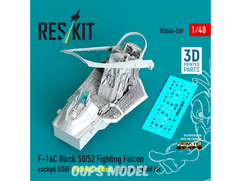 ResKit amelioration RSU48-0559 Cockpit F-16C Block 50/52 Fighting Falcon USAF Édition détaillée 3D kit Kinetic Gold 1/48