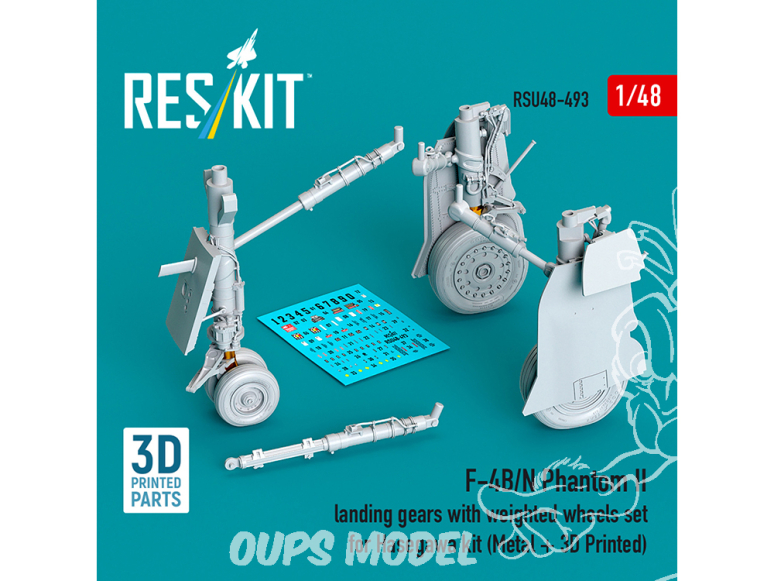 ResKit avion RSU48-0493 Train d'atterrissage F-4B/N Phantom II roues lestées Kit Hasegawa métal + impression 3D 1/48