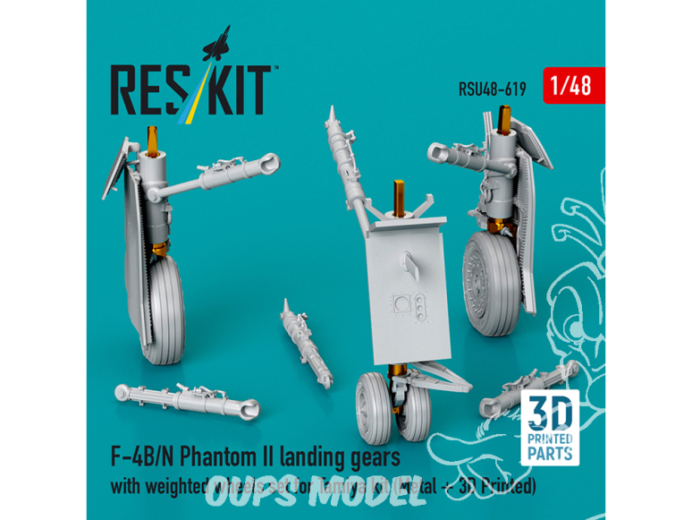 ResKit avion RSU48-0619 Train d'atterrissage roues lestées kit Tamiya F-4B/N Phantom II métal + impression 3D 1/48