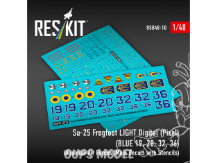 ResKit RSB48-0010 Su-25 Frogfoot Marquages stencils ukrainienne camouflage numérique/pixel LIGHT numéros BLUE 19 20 32 36 1/48