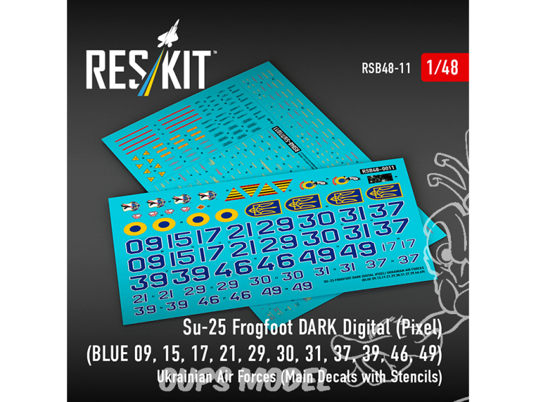 ResKit RSB48-0011 Su-25 Frogfoot DARK Digital BLEU 09 15 17 21 29 30 31 37 39 46 49 ukrainiennes Décalcomanies pochoirs 1/48