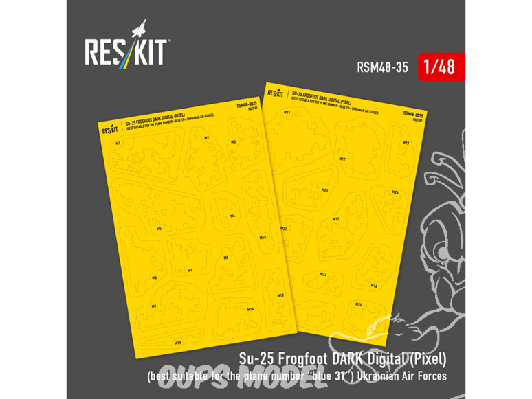 ResKit RSM48-0036 Masques peinture prédécoupés Su-25 Frogfoot DARK Digital Pixel adaptés à l'appareil bleu 31 ukrainien 1/48