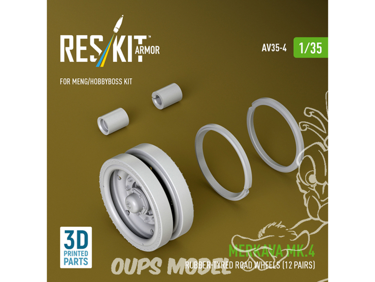 ResKit AV35-0004 Galets de roulement à bandage en caoutchouc pour Merkava Mk.4 (12 paires) kit Meng/HobbyBoss 1/35