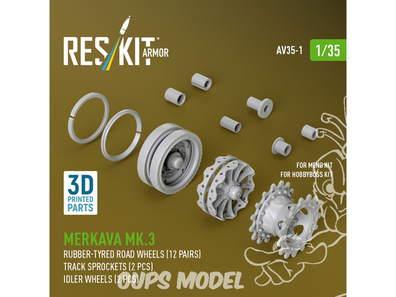 ResKit AV35-0001 Galets roulement bandage caoutchouc Merkava Mk.3 barbotins roues tendeuses 2 pièces 1/35