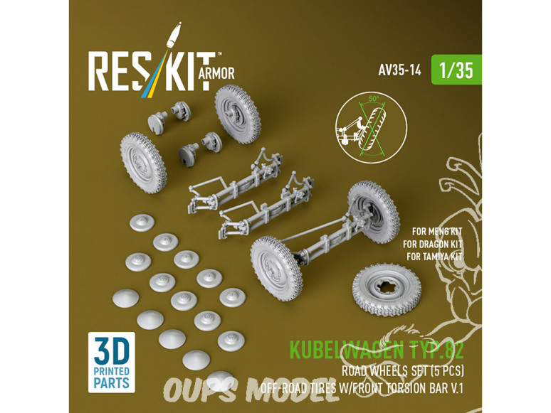 ResKit AV35-0014 Roues Kubelwagen Type 82 5 pièces pneus tout-terrain et barre de torsion avant V.1 kit Meng/Dragon/Tamiya 1/35