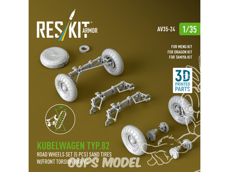 ResKit AV35-0024 Roues Kubelwagen Type 82 5 pièces pneus sable et barre de torsion avant V.2 kit Meng/Dragon/Tamiya 1/35