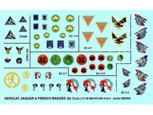 Decalques Berna decals BD72-83 Sepecat Jaguar Badges Français A et E part 1 1/72