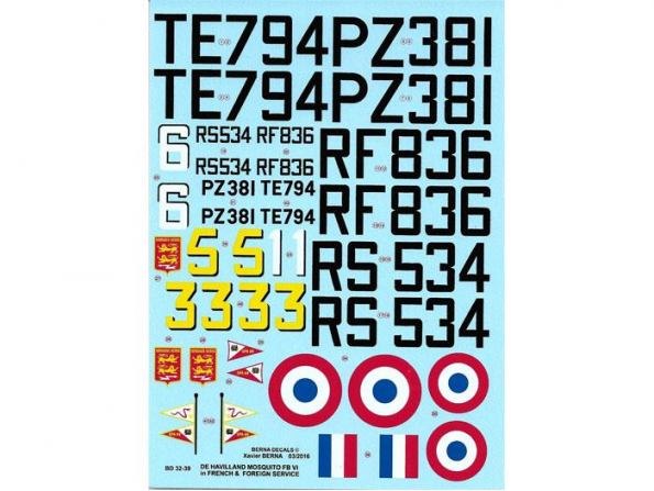 DECALQUES BERNA DECALS BD32-39 De Havilland Mosquito FB Mk VI Français 1/32