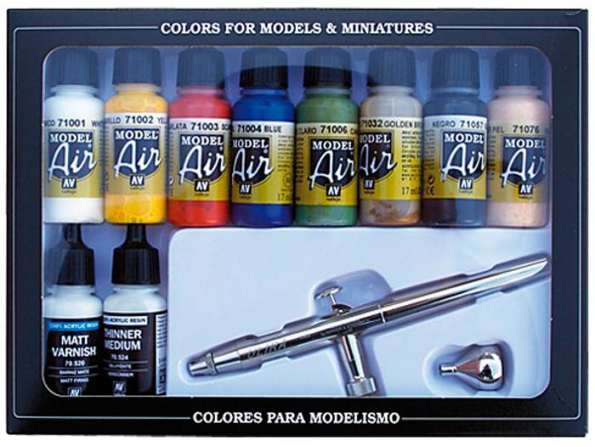 Vallejo Set Model Air 71167 Aerographe Ultra Harder & Steenbeck + Couleurs de base 10 x 17ml