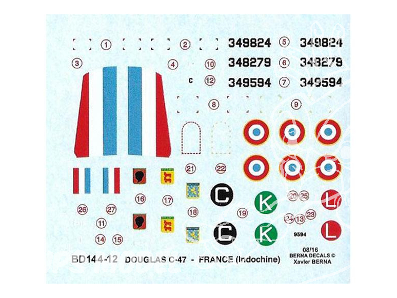 Decalques Berna decals BD144-12 Douglas C-47 Indochine 1/144