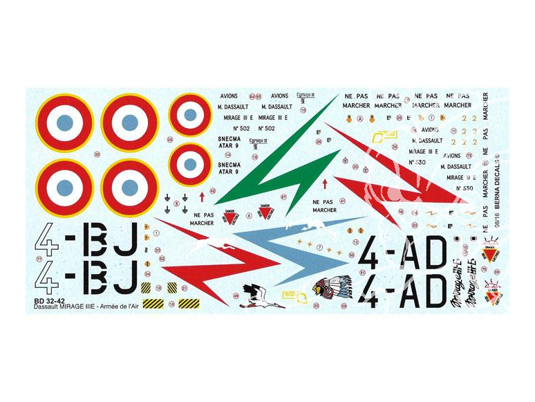 DECALQUES BERNA DECALS BD32-42 Dassault Mirage IIIE part 1 Lafayette 1/32